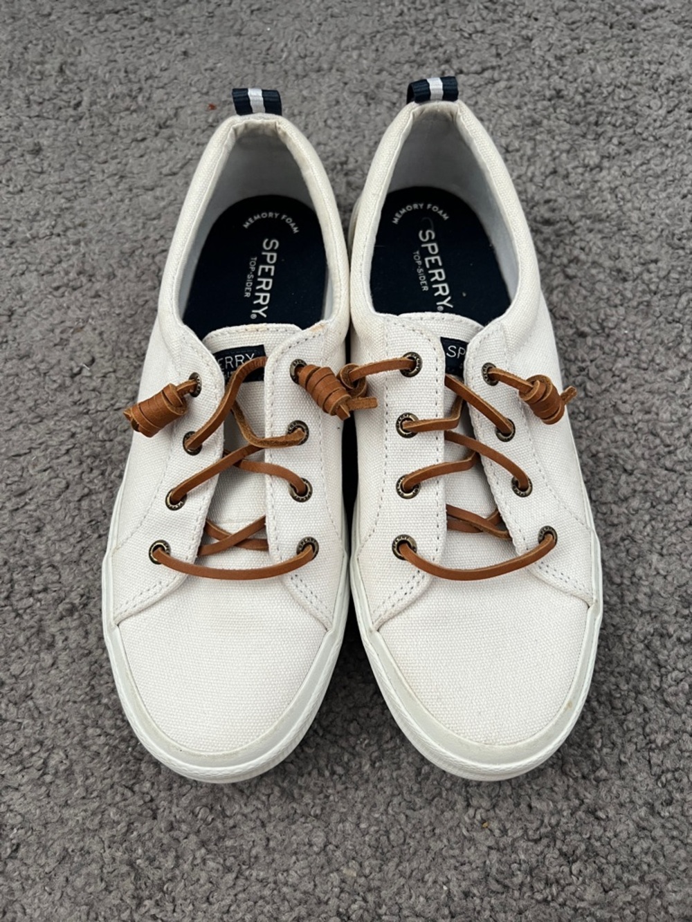 Sperry White Canvas Boat Shoes with Brown Laces
